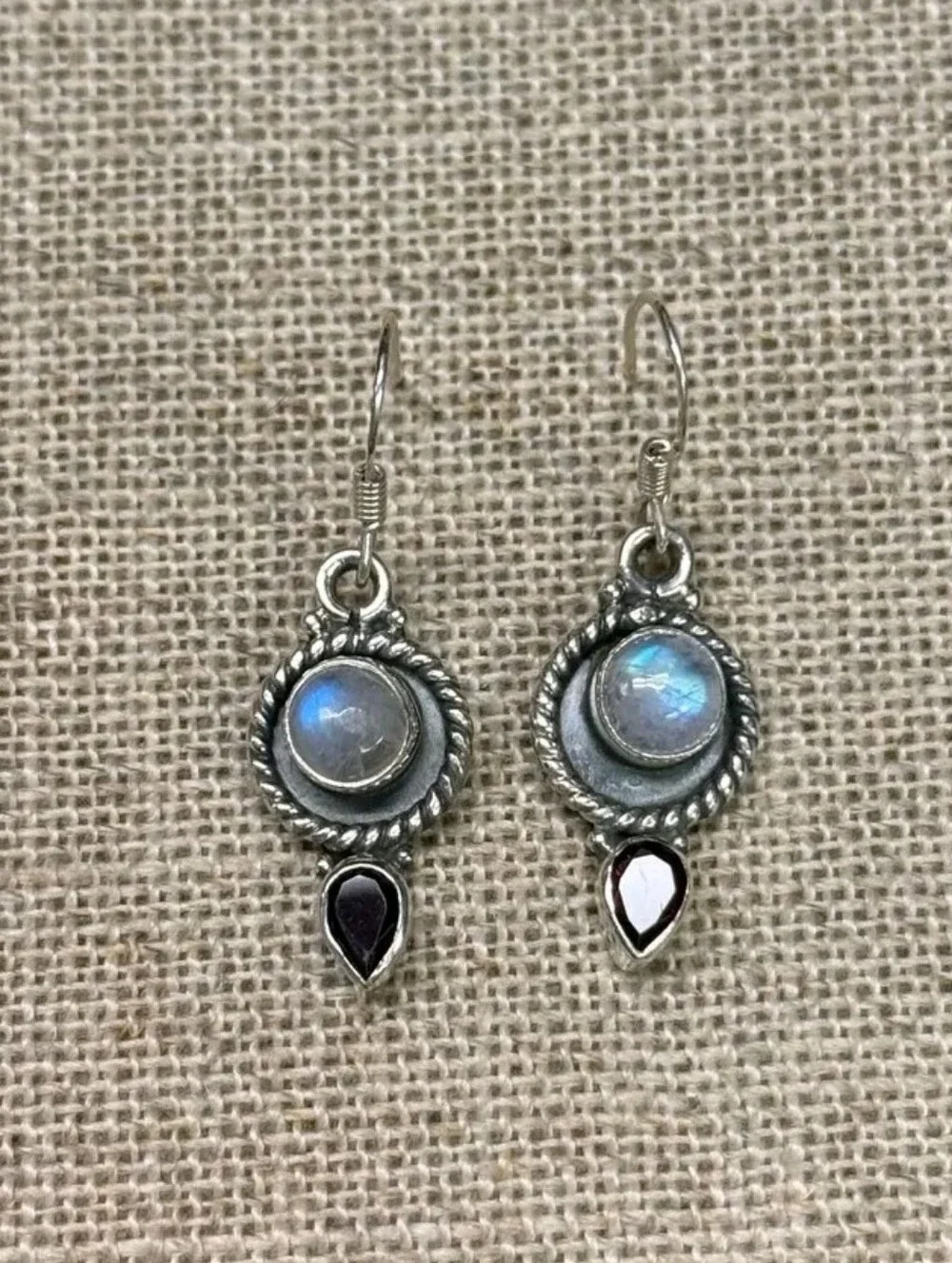 Sterling Silver Artisan Sri Lankan Moonstone & Mozambique Garnet Earrings